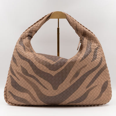 Veneta Hobo Bag Intrecciato Beige Zebra Print Leather Snakeskin Trim
