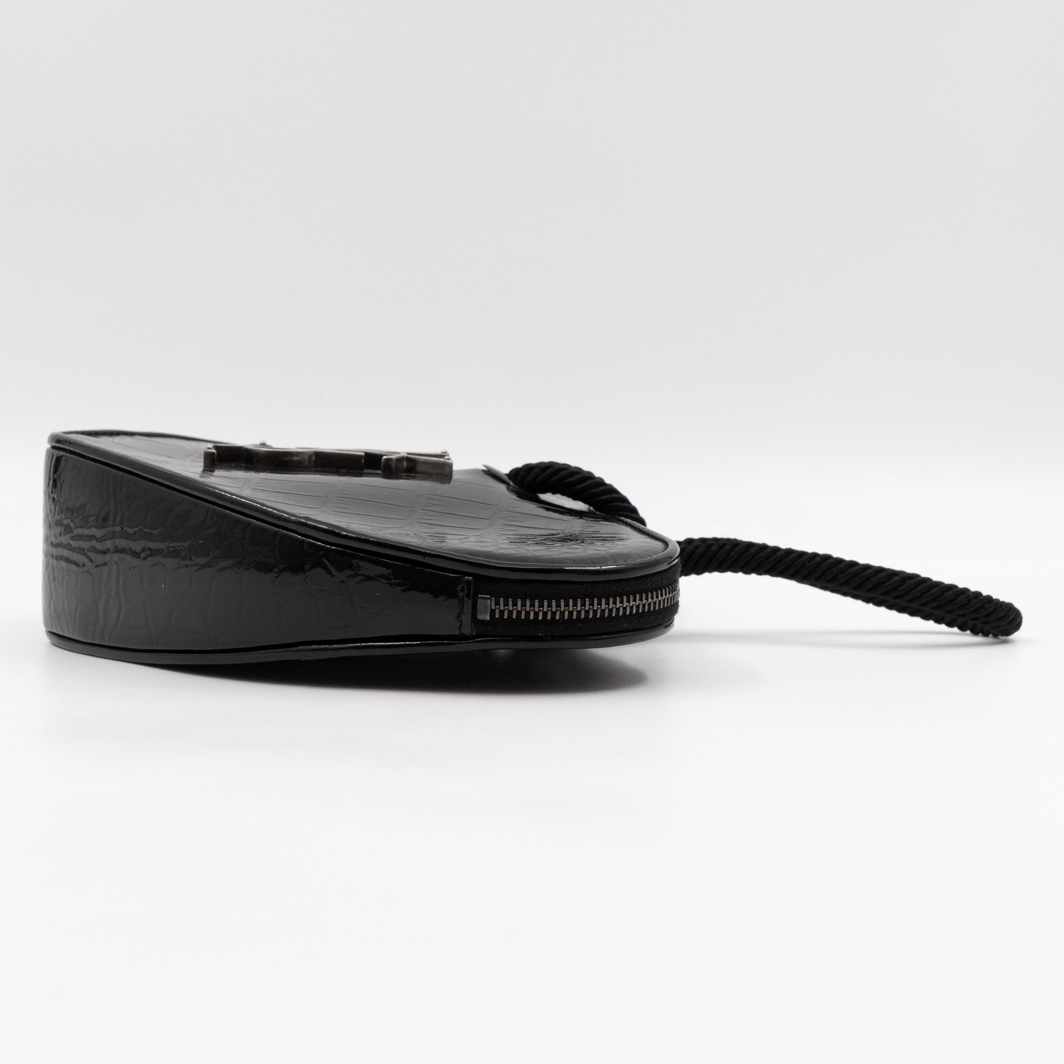 Sac Coeur Heart Clutch Black Croc Embossed Patent Leather
