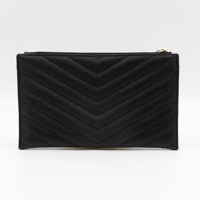 Zipped Pouch Chevron Grained Leather Black