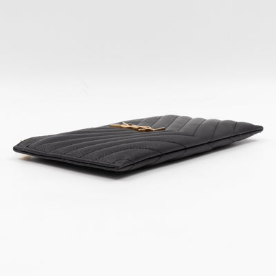 Zipped Pouch Chevron Grained Leather Black