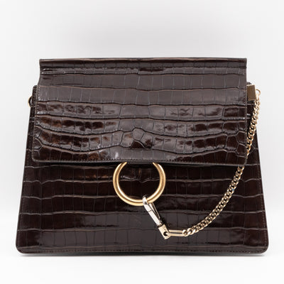 Faye Crossbody Croc Embossed Brown Leather