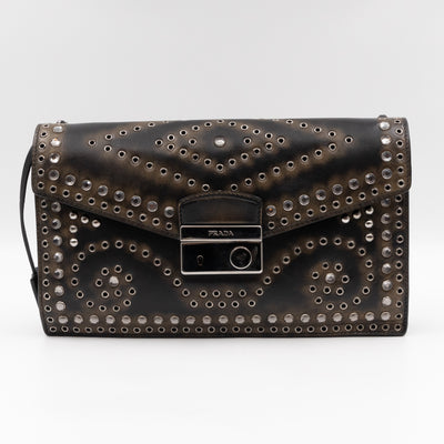 Studded Grommet Clutch Dark Brown Leather