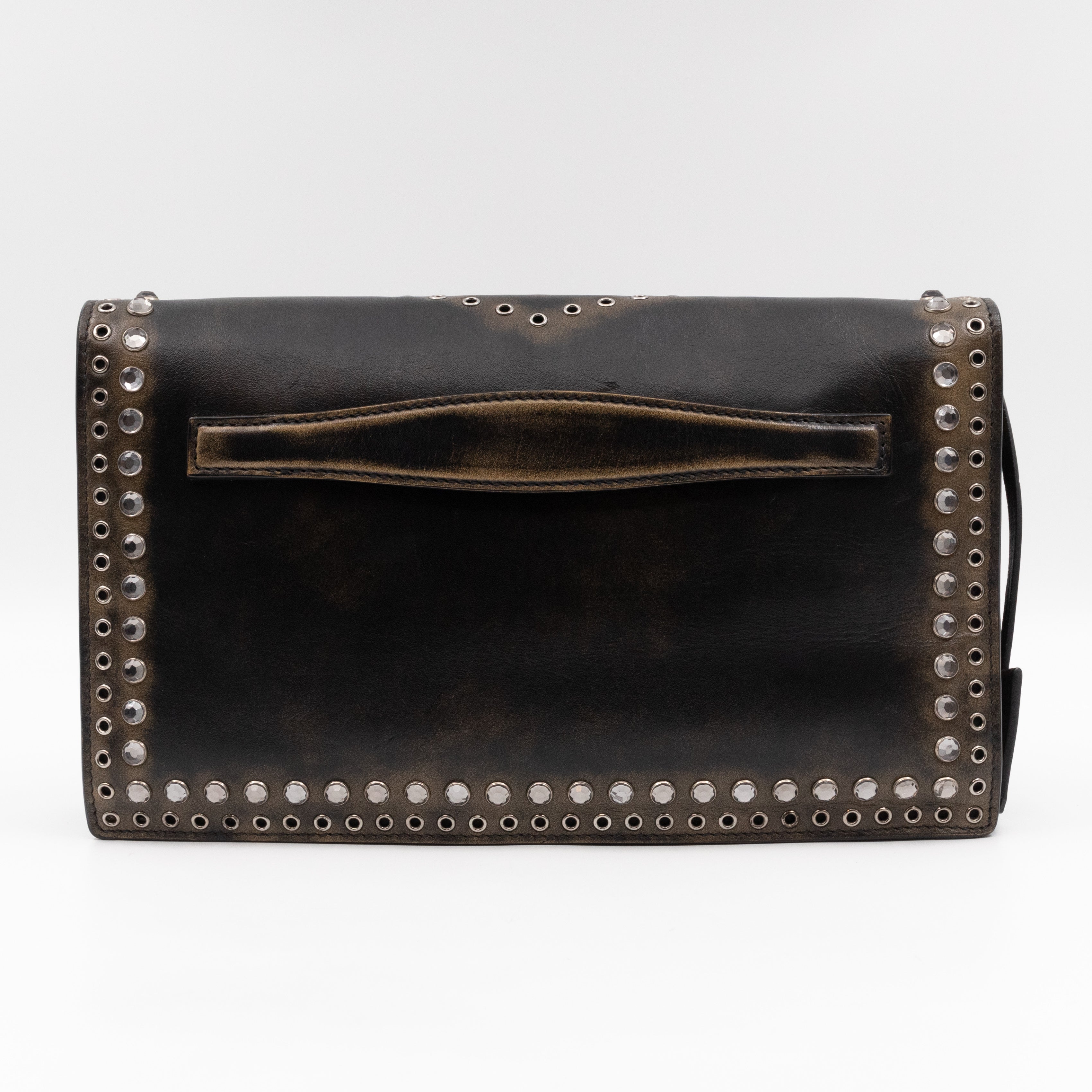 Studded Grommet Clutch Dark Brown Leather