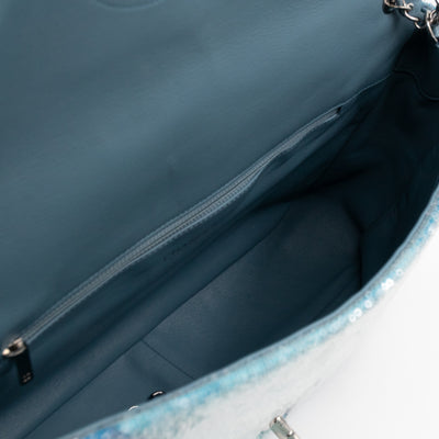Large Sequin Waterfall Flap Light Blue Leather