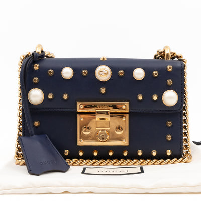 Padlock Small Pearl Studded Navy Blue Leather