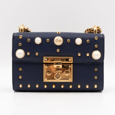 Padlock Small Pearl Studded Navy Blue Leather