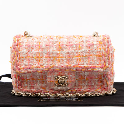 Classic Mini Rectangular Bag Braided Tweed Sequin White Pink