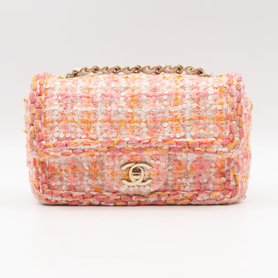 Classic Mini Rectangular Bag Braided Tweed Sequin White Pink
