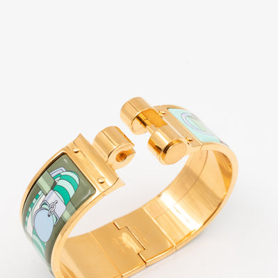 Enamel Hinged Bracelet Wide Green Gold