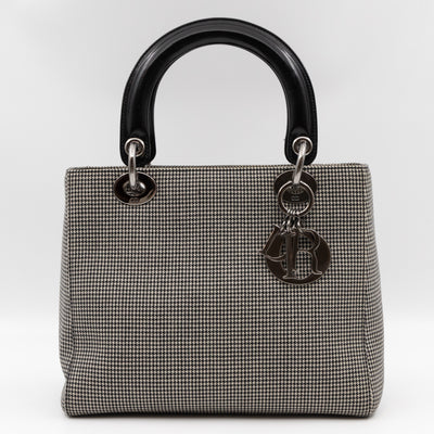 Lady Dior Medium Houndstooth Black White Canvas