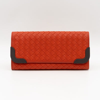 Continental Wallet Metal Edge Orange Intrecciato Leather