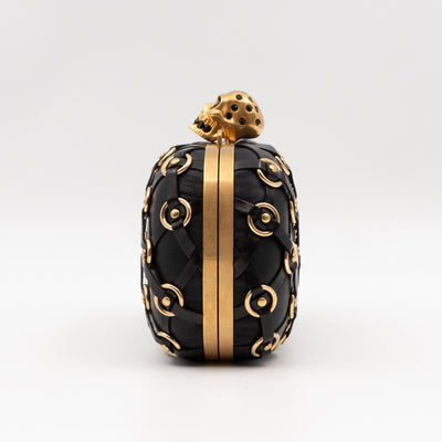 Skull Clutch with Chain Grommet Black Lattice Weave Leather