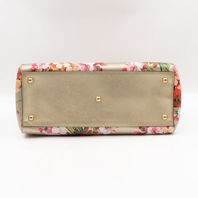 Bamboo Shopper Tote Champagne Leather with Floral Print