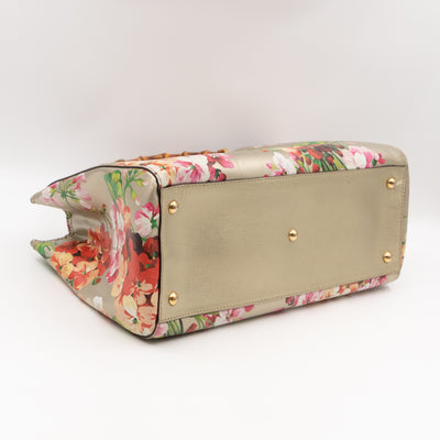 Bamboo Shopper Tote Champagne Leather with Floral Print