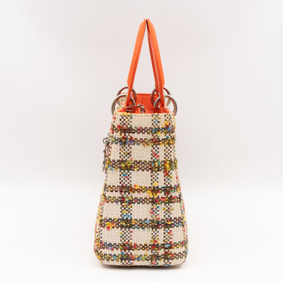 Lady Dior Medium Cream Raffia Tweed Orange Leather