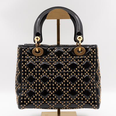 Lady Dior Medium Studded Black Patent Leather