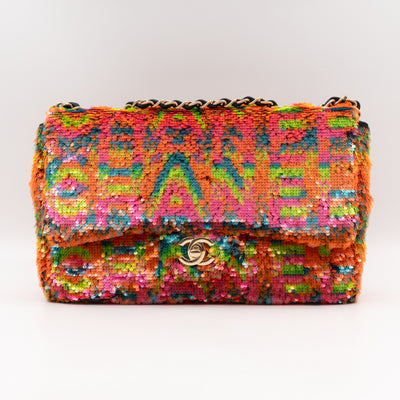 Classic Single Flap Medium Orange Turquoise Pink Sequins