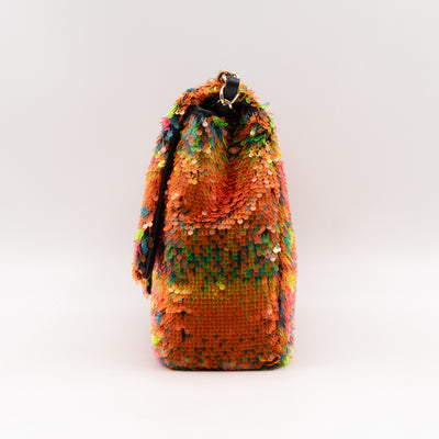 Classic Single Flap Medium Orange Turquoise Pink Sequins
