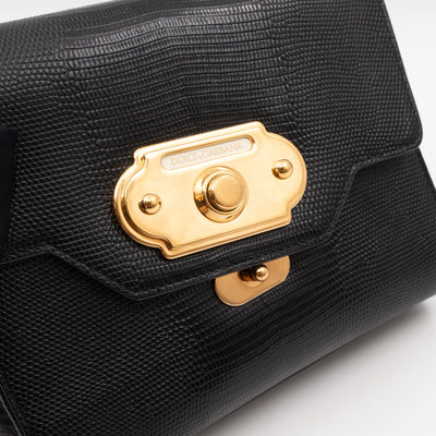 Welcome Shoulder Bag Black Lizard Embossed Leather