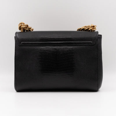 Welcome Shoulder Bag Black Lizard Embossed Leather