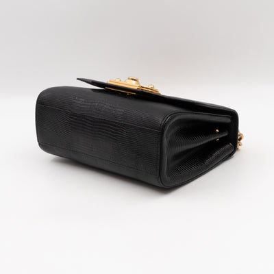 Welcome Shoulder Bag Black Lizard Embossed Leather