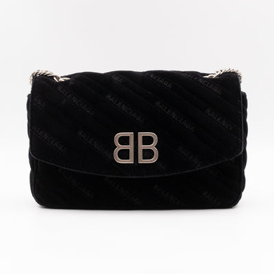 BB Chain Round Shoulder Bag Black Quilted Velvet