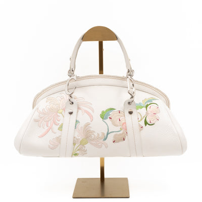 Vintage Flowers Frame Satchel White Grained Calfskin