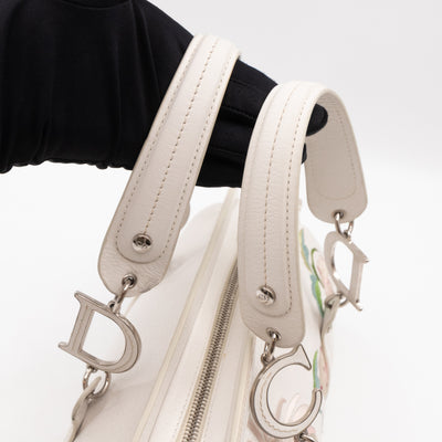 Vintage Flowers Frame Satchel White Grained Calfskin