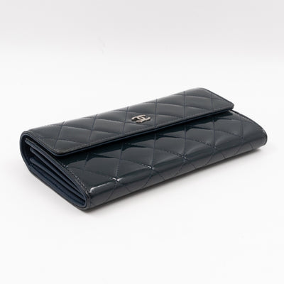 Large Flap Wallet Quilted Navy Patent Leather