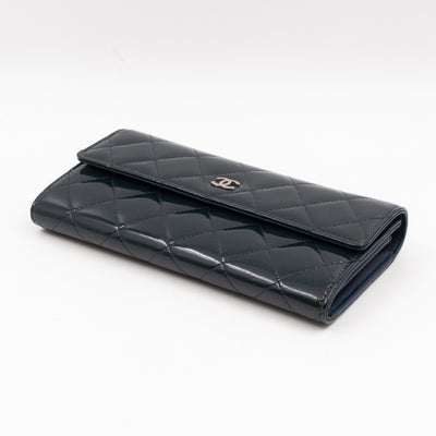 Large Flap Wallet Quilted Navy Patent Leather