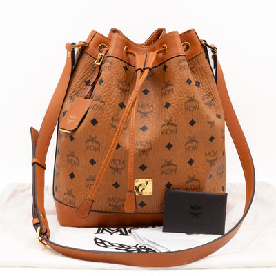 Heritage Petit Drawstring Bucket Bag Visetos Cognac