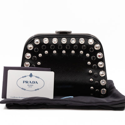 Crystal Studded Pyramid Frame Clutch Black Saffiano Vernice