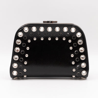 Crystal Studded Pyramid Frame Clutch Black Saffiano Vernice