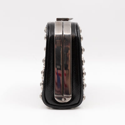 Crystal Studded Pyramid Frame Clutch Black Saffiano Vernice