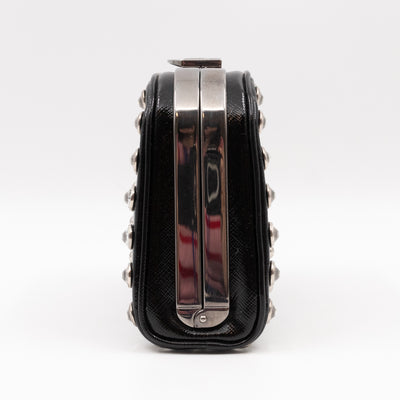 Crystal Studded Pyramid Frame Clutch Black Saffiano Vernice