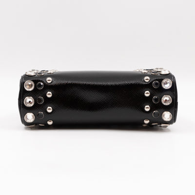 Crystal Studded Pyramid Frame Clutch Black Saffiano Vernice