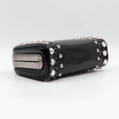 Crystal Studded Pyramid Frame Clutch Black Saffiano Vernice