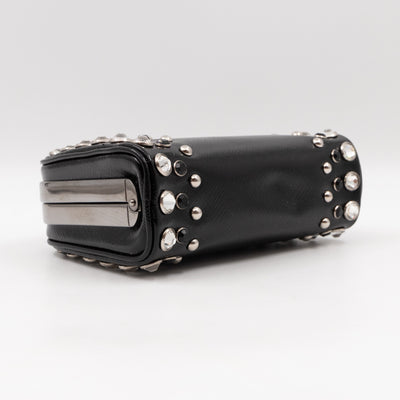 Crystal Studded Pyramid Frame Clutch Black Saffiano Vernice