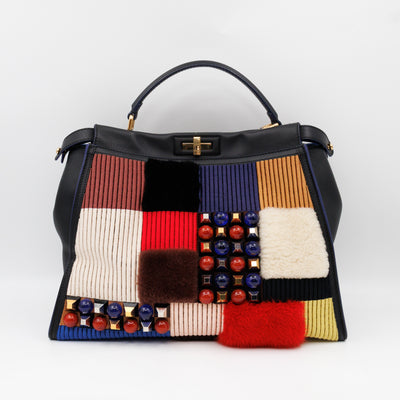 Peekaboo Large Intarsio Mix Grande Studded Fur Black Leather