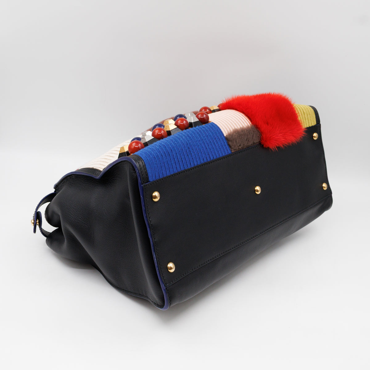 Peekaboo Large Intarsio Mix Grande Studded Fur Black Leather