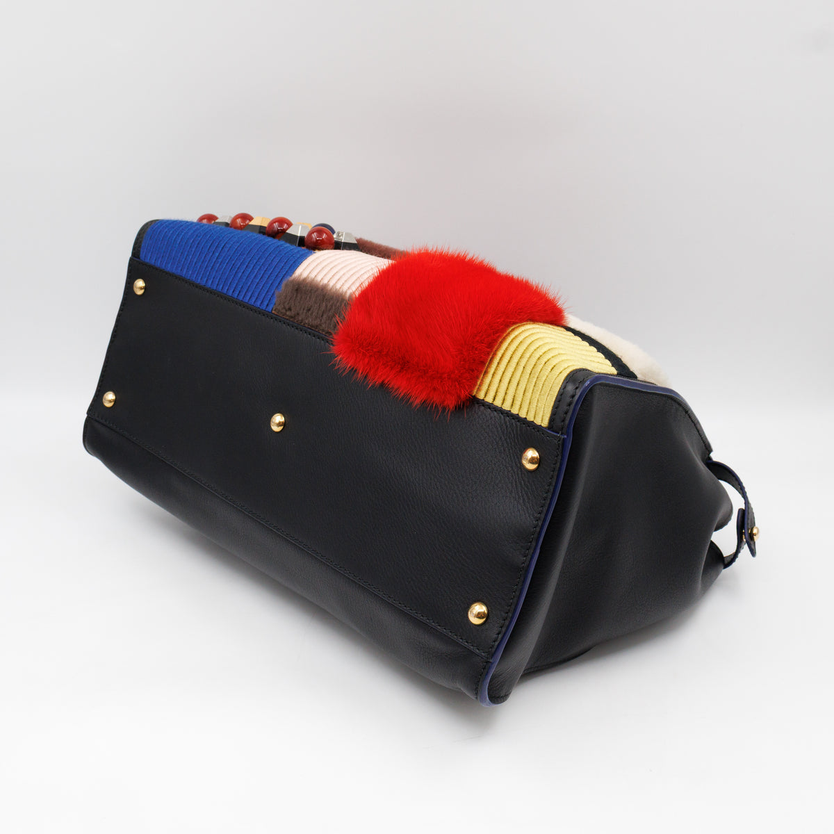 Peekaboo Large Intarsio Mix Grande Studded Fur Black Leather