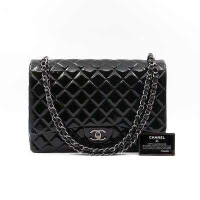 Classic Double Flap Maxi Navy Blue Patent Leather Silver