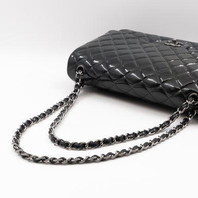 Classic Double Flap Maxi Navy Blue Patent Leather Silver
