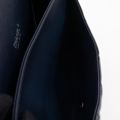 Classic Double Flap Maxi Navy Blue Patent Leather Silver