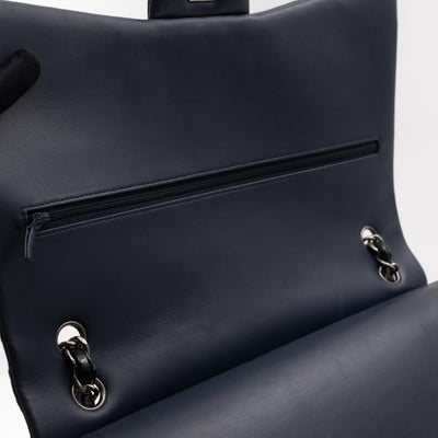 Classic Double Flap Maxi Navy Blue Patent Leather Silver