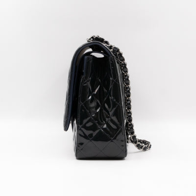 Classic Double Flap Maxi Navy Blue Patent Leather Silver