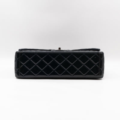 Classic Double Flap Maxi Navy Blue Patent Leather Silver
