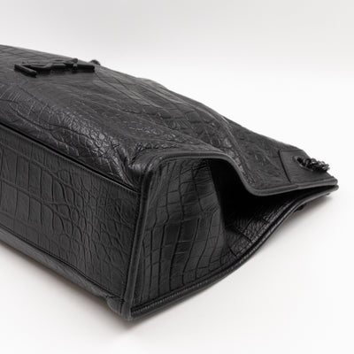 Niki Large Shopping Tote Black Croc Embossed Leather