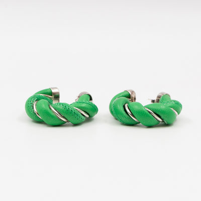 Twist Earrings Green Leather Silver