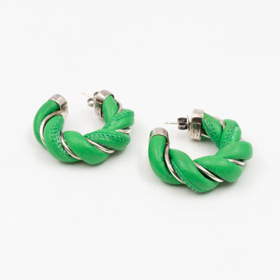 Twist Earrings Green Leather Silver